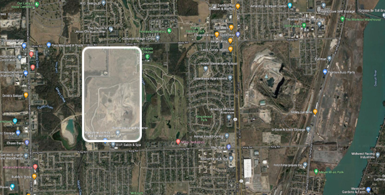 Satellite view of landfill and surrounding area